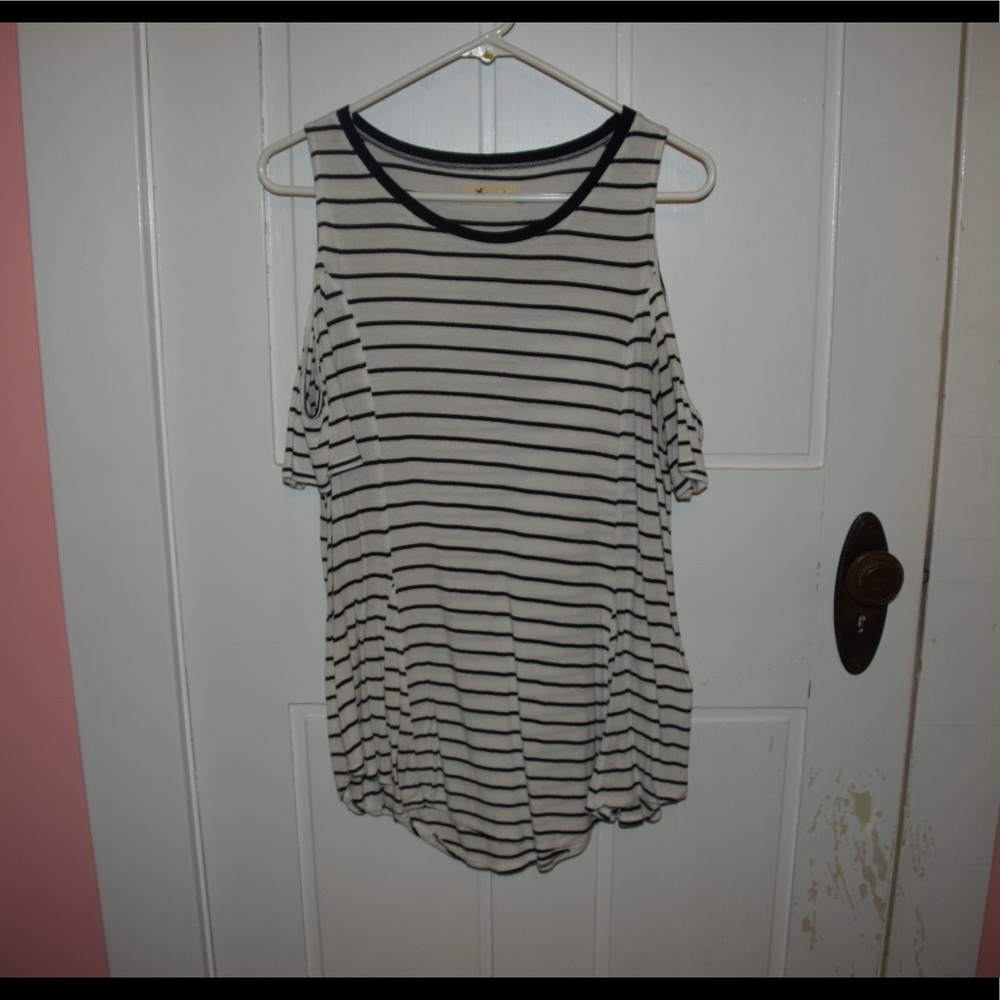 black and white striped cold shoulder top